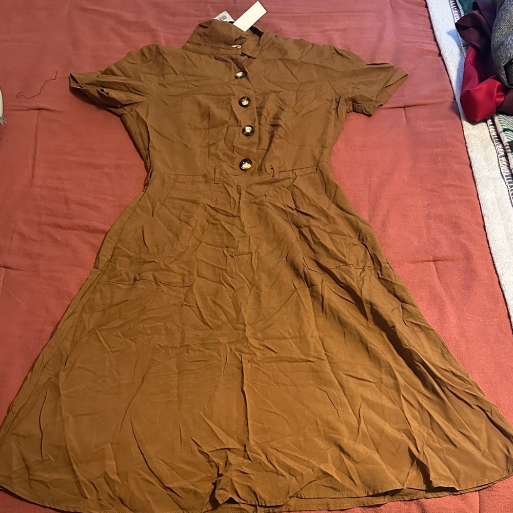 Monteau Tan Midi Dress with Button Detail